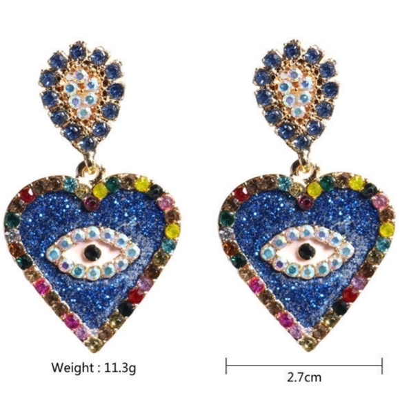 JEWLERY EARRINGS GOLD PLATED BLUE HEART EVIL EYE W/ ACCENTS - Picture 3 of 3